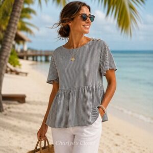 Retrology Pique Striped Peplum Top XL Shoulder Button Coastal Beachy Casual